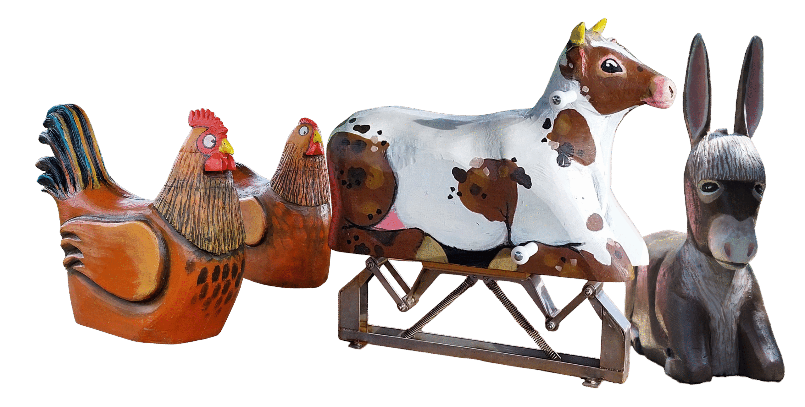 Sujets en bois sculpté et peint, montés sur bascules pour carrousel